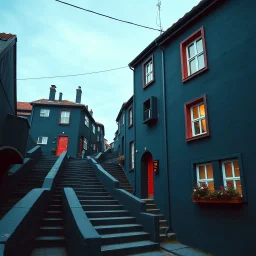 Fotografia di strada assurda e falsa orripilante blu weirdcore dai colori vivaci, liminalcore. Escher. Scale che scendono. Yves Tanguy. Non luogo falso, inusuale. Le case sono false e dipinte di nero chiaro con cose stilizzate e dettagli. Ci sono finestrelle false quadrate, che danno un senso distopico e molto surreale, disposte in modo casuale. L'atmosfera generale sembra noiosa e onirica, con un contrasto tra elementi reali ed elementi dipinti falsi, René Magritte, oddest things