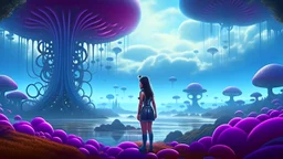 detailed matte painting of a wide-angle shot of a woman standing on the right-hand side of an alien beach, with dark hair in a silver robotic catsuit, many floating mushrooms with jellyfish tentacles, alien jungle trees in the distance, deep colour