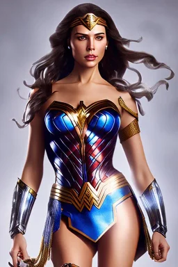 Portrait lady, full body shot, full-color long shot, style of Wonder Woman, skin-tight