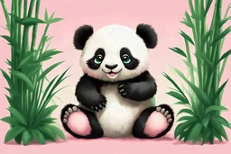 Adorable cartoon baby panda with soft, fluffy white and black fur, Sitting in a relaxed pose with its legs curled up, displaying big round eyes and a tiny nose, surrounded by lush green bamboo stalks and subtle set against a warm, creamy pink background with gentle texture, rendered in a mix of traditional and digital media, with bold lines, vibrant colors, and playful textures, evoking a sense of innocence and wonder.