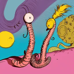 Two cartoonist drawn worms in love, staring at each other, absurdist, dr. Seuss, pop art, romantic