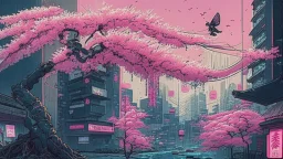 Japanese cherry blossom, in cyberpunk city, comic style,