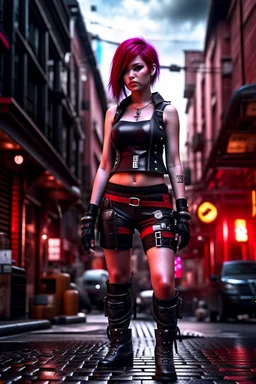photorealistic full-height photo of a fantasy steampunk tall skinny goth girl in sci-fi shorts, crop top and boots, with dark red bob hairstyle with bangs in a sci-fi city