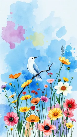 a smear . Field of wild a colorful flowers watercolor drawing on a blue splash colors background with a beautiful white bird on a tree branch