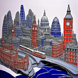A single paintbrush, captured mid-motion, sweeps a refined curve from the lower left to the upper right of the composition. Within this dynamic brushstroke exists a miniature world of London, rendered as an ultra-detailed 3D bas-relief city sculpted entirely from layered paint. Inside the stroke: Iconic London landmarks, architecture, and urban rhythms are arranged into a cohesive miniature metropolis, with realistic depth, scale, and subtle relief emerging from the paint. Style: Impasto oil pai