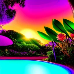 landscape of summer tropical ambient beutiful neon lights bright and colorful bright gloss effect of a futuristic ,like spaceship, natural round shapes concept, large transparent view of the open outdoor garden,sea beach at sunset, gold crystals,with light pink, flowers of Lotus, beutiful pools, light of sun , palmiers,cerisiers en fleurs, wisteria, sun , stars, small waterfalls