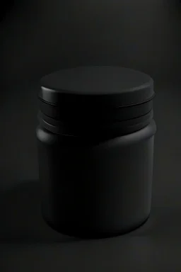 Black protein powder container, screw lid, lid is off, lid lays on the side of the container, round container, black studio, black background, dark setting, no labels on the container, very detailed, realism, high quality