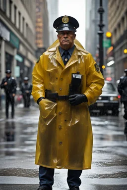 vintage retro nypd full body color policeman wtih exosquelette heavy yellow rain transparent coat