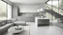 Cozinha grande moderna minimalista, moveis cinza, sofá, escadas para a sala,