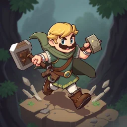 Male Fantasy RPG character, chaabi kawaii mario proportions, lord of the rings inspiration, with hammer, in a bounding run, isometric game