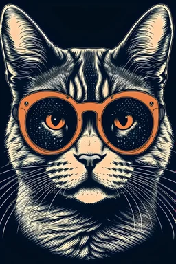 CAT wearing sunglasses, Style: , Mood: Groovy, T-shirt design graphic, vector, contour, WITH background.