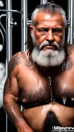 fullbody photography of two serious wet dirty muscular chubby sweaty 62 years old strong gypsy carpenters under open shower, kissing embraced , big bulge, manly chest, tattoo, dreadlocks, photorealistic, 32k, misery, poverty, angry eyes, low dim lights, profile view