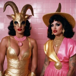 (Shot on 35mm film from a 1970s movie by Mil Mascaras) a wild goat with a attractive models in golden and pink goat outfit, with pink lipstick and tattoos : this is a satanic ritual under the shower,