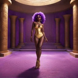 Inside the ancient pyramid, forgotten hieroglyphs dance on the walls. In the chamber's center, a woman stands; her violet hair flows over dark skin like amethysts. Sensual and powerful, she captivates with each graceful movement. Clad in a shimmering golden swimsuit, a round pink plush carpet beneath her feet, with her white sunglasses, she embodies divine beauty. Her allure is magnetic, drawing all eyes to her.