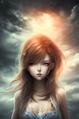 3d Anime beautiful girl in stormy surrounding