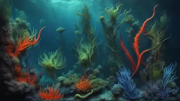 creatures, plants from subanautica from deep sea, leviathan's a lot of sea plants very deep, beautiful, river of magma, green and blue colours