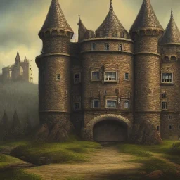 Portrait of a wide castle near a river, oil painting, symmetrical, architecture, medieval, fantasy, superrealistic, dark colors, HD, 4K