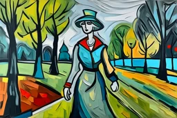painting in style of picasso woman walks in park