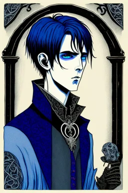 black haired blue-eyed young man necromancer wizard with gothic jewelry in the style edward gorey