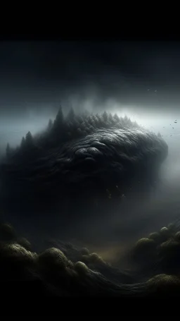 ,surrealism of the dark of a nightmare ten miles high and six foot deep, hyper photorealistic, hyper detailed dark art color, high resolution, fog, octane render, tilt shift, HDRI Environment, all pictures dark gray, a cigar shape comet hovering in the sky