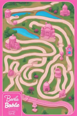 Barbie-themed maze for kids, featuring vibrant pink colors, Barbie's iconic elements, and an engaging, fun-filled path. 2d