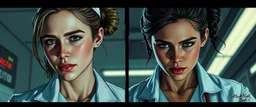cyberpunk fallout 4, airbrush and pen outline, A cinematic, high-end advertisement image for a fictional service called “Spice Girl Nurses™”. Split-screen composition with two contrasting emotional states.