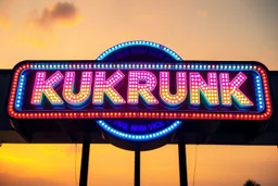 A 1980 disco sign labeled "KUKRUNK" bold multi colored 80s font, miami vice background drop, sunset