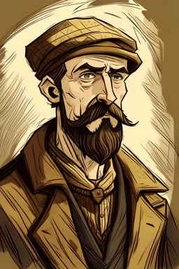 A very thin man wearing a brown galabiya with a heavy coat over it and a yellowish-white Arab hat. The man is short and has a medium-thick mustache and a beard with some shaved hair. Make the painting high-resolution drawing in the style of a funny comic or the same style of drawing the novel The Good Soldier Švek by the writer Jaroslav Hašek.