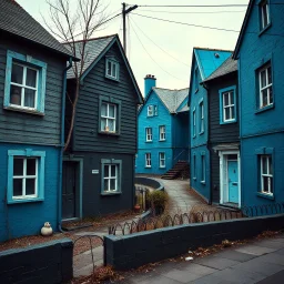 Fotografia di strada assurda e falsa orripilante blu weirdcore dai colori vivaci. Noe. Non luogo falso, inusuale. Max Ernst. Le case sono false e dipinte di nero chiaro con cose stilizzate e dettagli. Ci sono finestrelle false quadrate, che danno un senso distopico e molto surreale, disposte in modo casuale. L'atmosfera generale sembra noiosa e onirica, con un contrasto tra elementi reali ed elementi dipinti falsi, René Magritte
