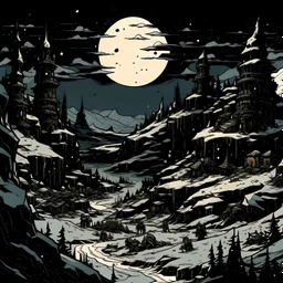 snowy tundra landscape drawn in the art style of Darkest Dungeon