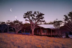 Dry trees, night, full moon, cabin, yard with flowers, fence, photo hd