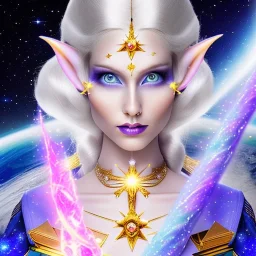 cosmic mage, elf, female, cosmic magic, long ears, white hair, face details, pale skin, jewellery, broad shoulders, sharp ears, star clothes, cosmic eyes, ears shown, the cosmos in eyes, shining eyes, thin face, detailed ears, magical eyes, closed mouth, make up, smiling face, happy face, pointy ears