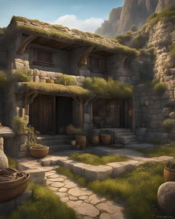 picture of a minoan-hittite farm house. concept art in the style of lord of the rings, beksinski and giger. hyperrealism 4K ultra HD unreal engine 5 photorealism.