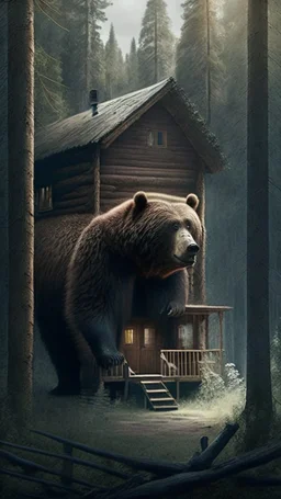 A cabin in the woods, a big brown bear, a movie scene, a more accurate picture