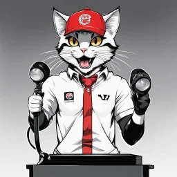 a drawing of a manga cat man with a sports cap and shirt, speaking at a (((lectern))) with a microphone, red, white and black colors, cat white and black colors, microphone in one hand, cat asking