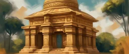 A light brown temple in impressionism art style designed in African pottery