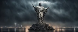 Hyper Realistic apocalyptic haunted view of broken statue of Christ the Redeemer at dark rainy night