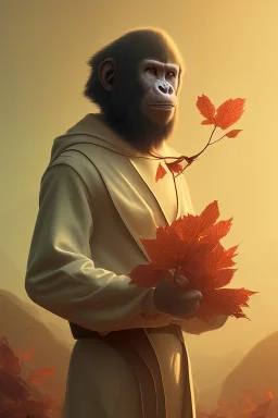 Ape portrait , detailed hands, at dawn by atey ghailan, golden light , white robe, holding leaves and flowers , angels background, volumetric light, high detail, red leaf tree, mountains in background, perfect