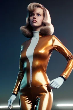 Ultra Realistic retro sci-fi portrait image from 1960, New York, spaceship, sweet young Jane Fonda, tight latex suit, weapon, fighting stance, soft color, highly detailed, unreal engine 5, ray tracing, RTX, lumen lighting, ultra detail, volumetric lighting, 3d, finely drawn, high definition, high resolution.