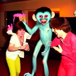 1980s photo of new year's party alien monkey with dancing happy