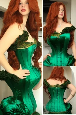 Busty princess full body with long auburn hair green eyes wearing a big dark teal green and gold satin ballgown corset off shoulder top at night