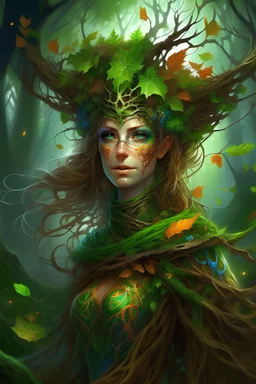 Promt: A graceful dryad stands amidst a landscape of vibrant colors and intricate detail. Her skin is a shimmering mixture of bark and electrical circuits, her hair a cascade of glowing vines. green eyes, She wears a cloak of leaves, This stunning image captures the essence of the modern dryad, a creature of both beauty and strength.
