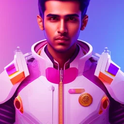 Cute indian boy face , Sci-fi character, orange backlight, pink and purple, scifi suit, profile, purple background, pink lighting