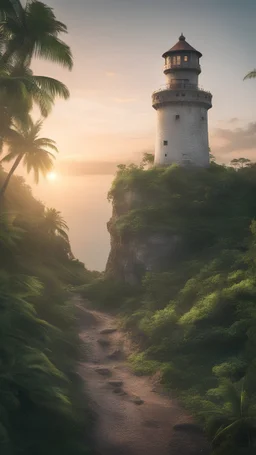 Photoreal magnificent gargantuan medieval light house on an exotic caribbean jungle coast with a frothy sea at sunset by lee jeffries, in the style of fantasy movies, photorealistic, shot on Hasselblad h6d-400c, zeiss prime lens, bokeh like f/0.8, tilt-shift lens 8k, high detail, smooth render, unreal engine 5, cinema 4d, HDR, dust effect, vivid colors