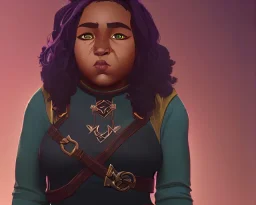 Portrait of a chubby black 10 year old girl warlock with black curly hair