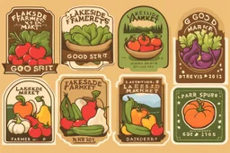 Stickers for a lakeside farmers' market "Good Spirit Market" in a national parks sticker style, featuring illustrations of fresh produce