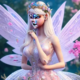 cute fantasy fairy with transparent wings, smiling, blue eyes, make up, long platinum blond hair with crown and flowers, pink dress, unreal engine