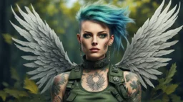 beautiful Punk woman Angel 35 years old, military clothing, mystical, bright colors, creative hairstyle, tattoo, piercing, photorealistic image, military, camouflage clothing, leaves, fine rendering, high detail, 8K