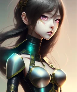 Detailed cute anime Kunoichi girl, long brown hair, green eyes, black latex bodysuit, intricate details, full body portrait, keep head in frame, slight smile, black Japanese motif, concept art, highly detailed, digital painting, concept art, sharp focus, illustration, art by Yoji Shinkawa, WLOP and greg rutkowski and alphonse mucha and artgerm and yanjun Chen and Junji ito and Makoto Shinkai, HDR, octane render