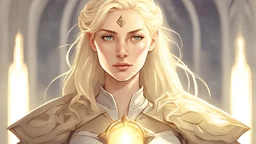 Generate a dungeons and dragons character portrait of the face of a female cleric of peace aasimar blessed by the goddess Selune. She has blonde hair and is surrounded by holy light